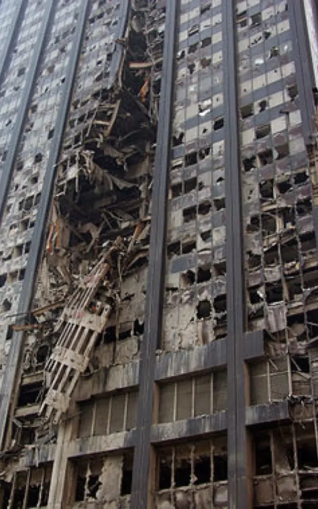Фасад здания спустя 10 дней после атак 11 сентября. Внутри здания обломок одной из башен