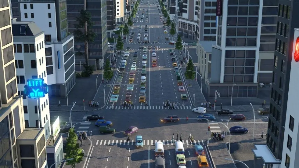 Автомобильный трафик в центре города в Transport Fever 2