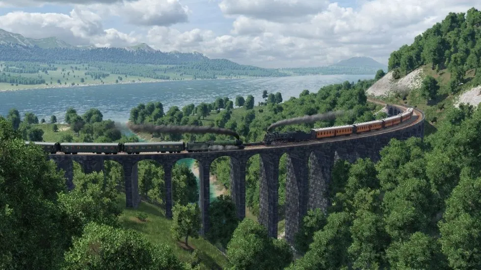 Железнодорожный мост и пассажирский поезд в Transport Fever 2